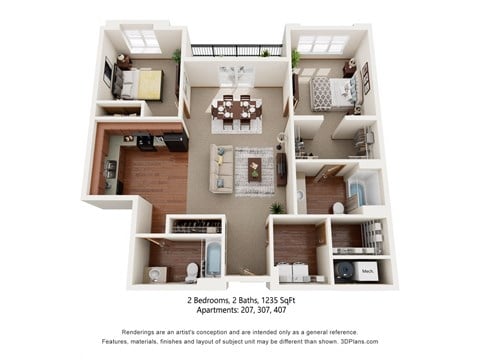 Floor plan for 2 beds, 2 baths, 1235 sqft